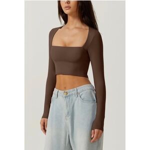 Tik Tok top pick, Qinsen Women Brown Long Sleeve Square Neck Cropped Top‎